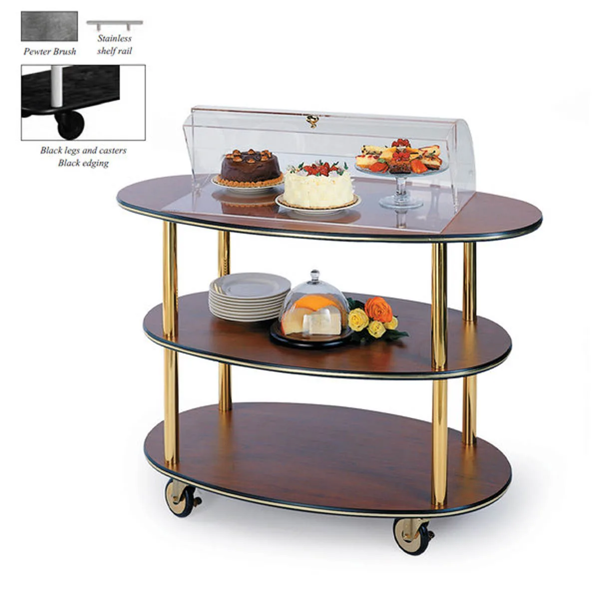 Lakeside 36303 Rounded Oval Dome Display Dessert Cart w/ (3) Open Shelves