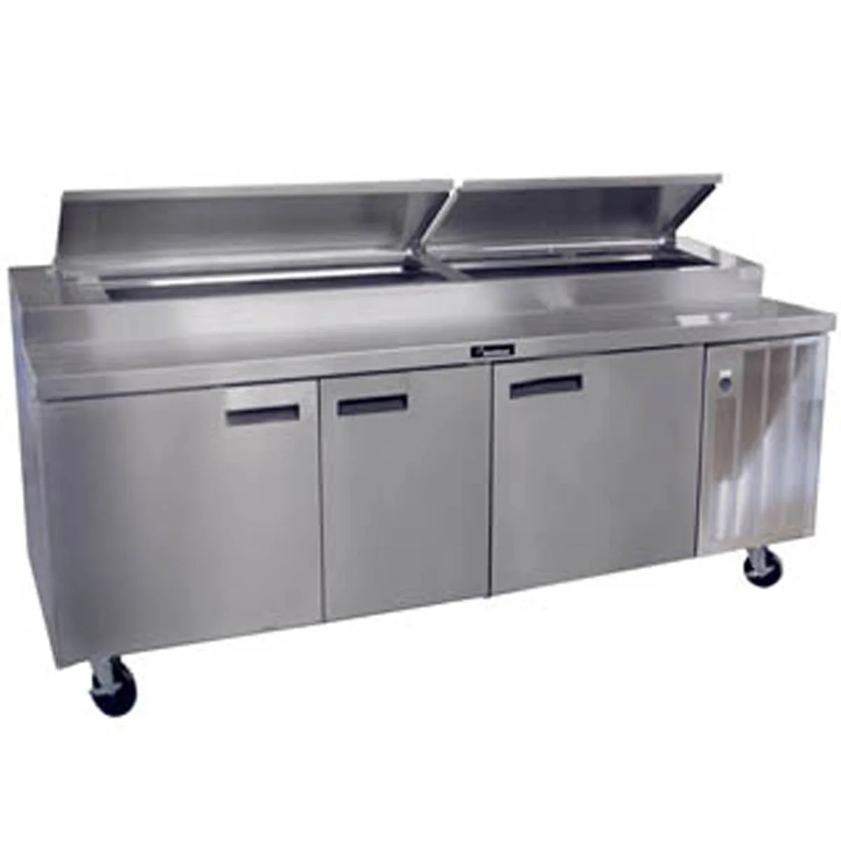 Delfield 18699PTBMP 99" 3-Section Refrigerated Pizza Prep Table w/ 3 Doors, (12) 1/3 Size Pan