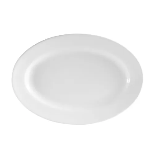 CAC China RCN-39 Oval Porcelain Platter 8-1/2" L x 6" W x 3/4" H, Super White, Rolled Edge - Dozen