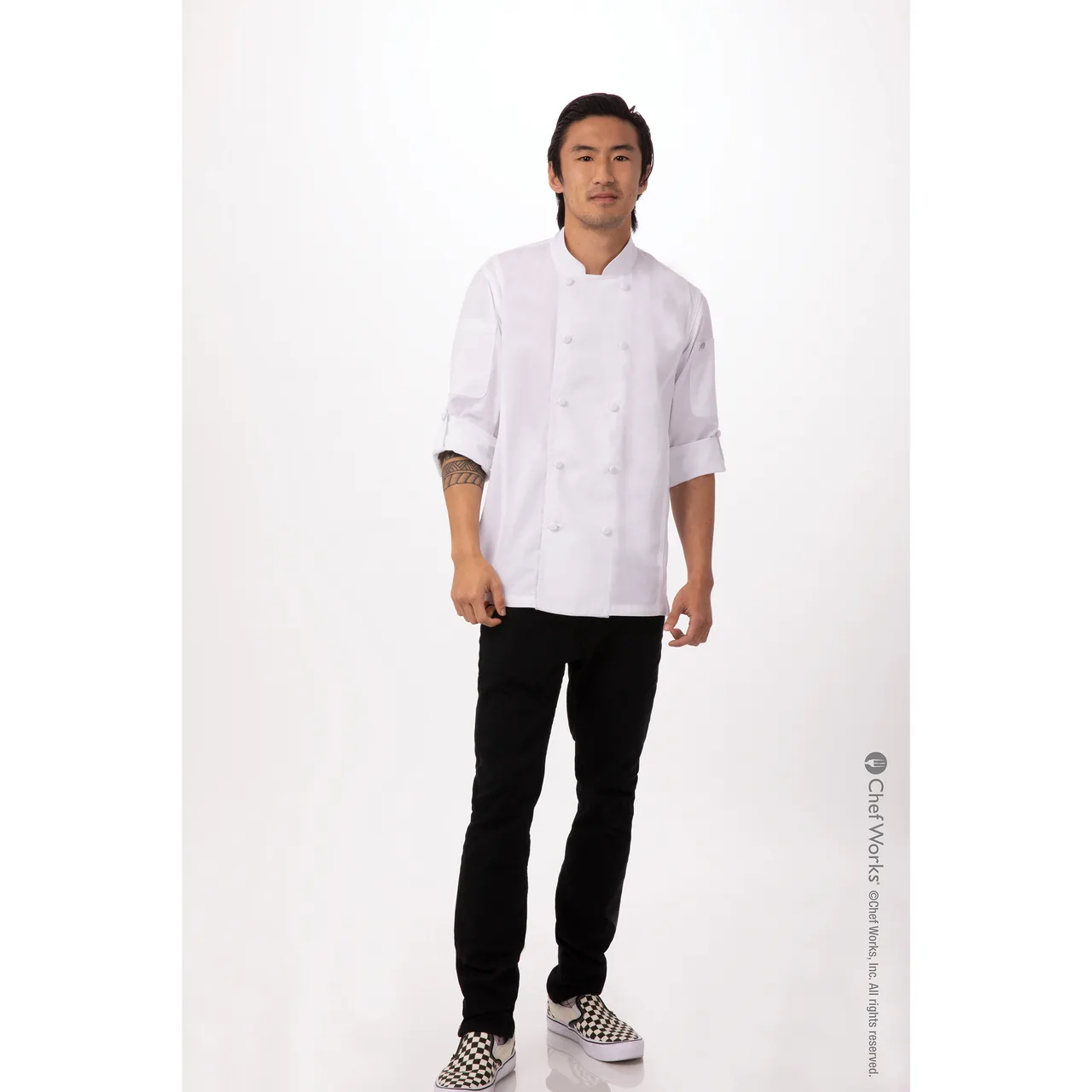 Chef Works CBC01-WHT-XS Men’s Bowden Chef Coat, XSmall White, 65/35 Twill, Sleeves, Side Slits