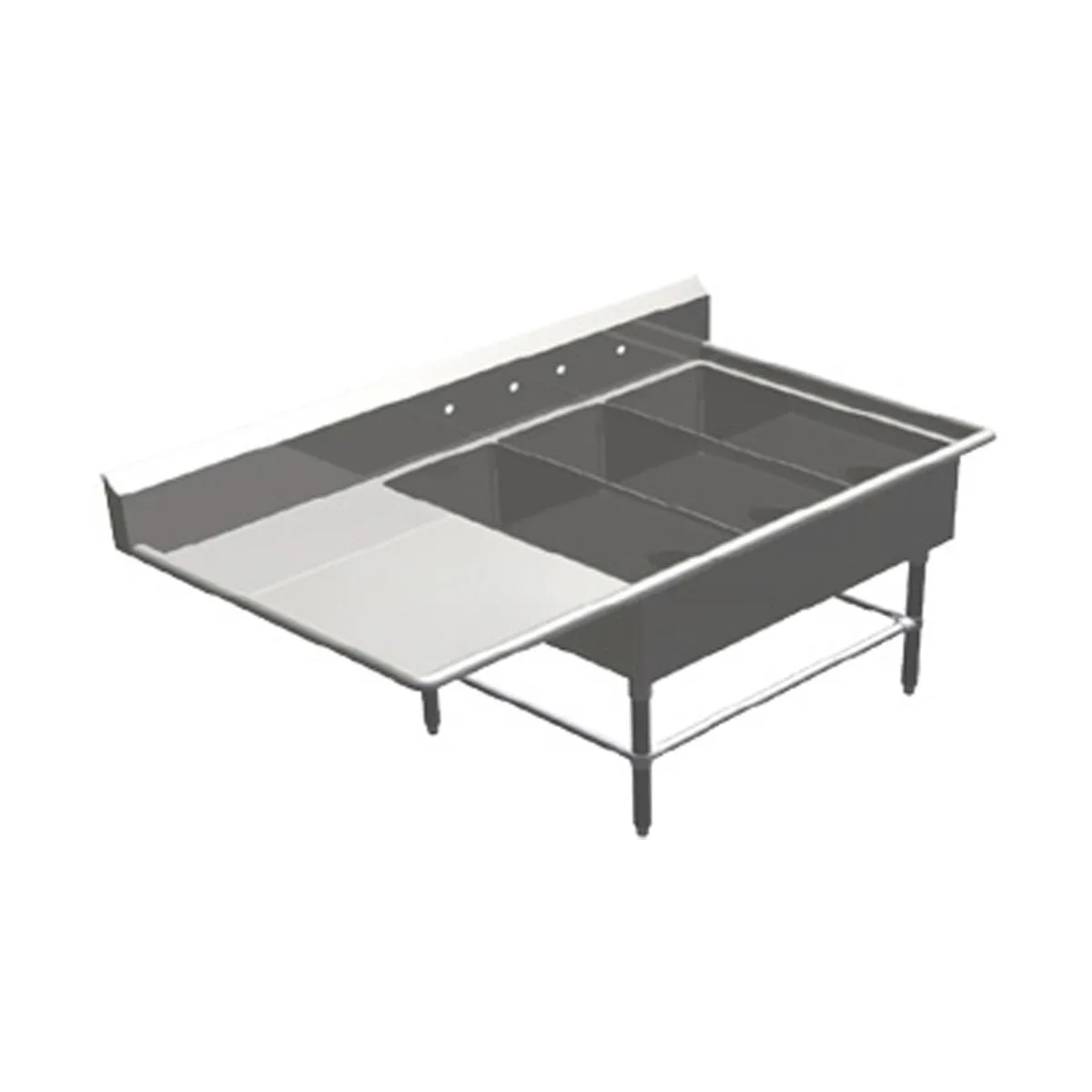 John Boos 3PB1431-1D18L 64" Three Compartment Sink, 14"W x 31"L Bowl With Left-Hand Drainboard