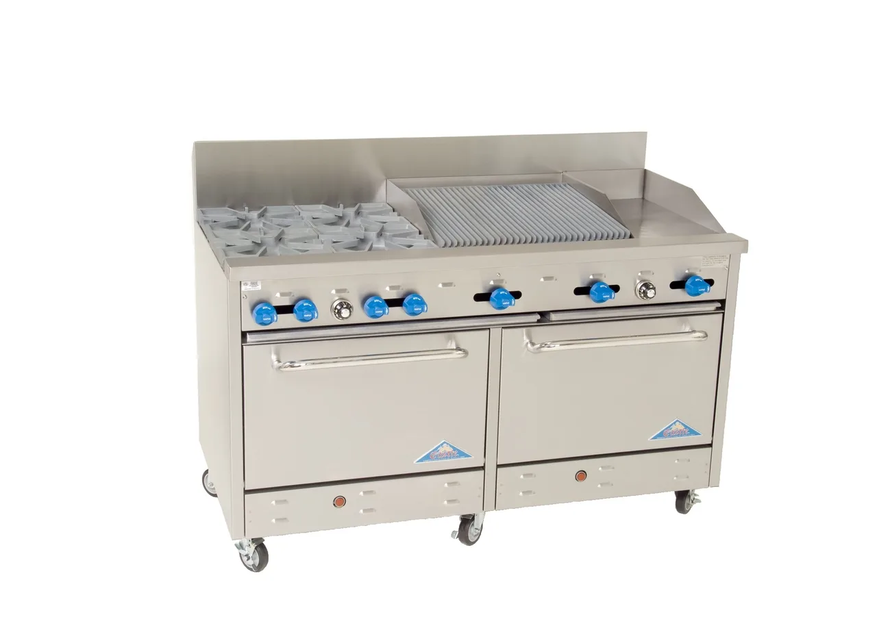Comstock-Castle F3226-12-2RB 60" Gas Restaurant Range w/ (4) Open Burners, 12" Griddle, 24" Charbroiler, (2) Standard Ovens, 226.000 BTU