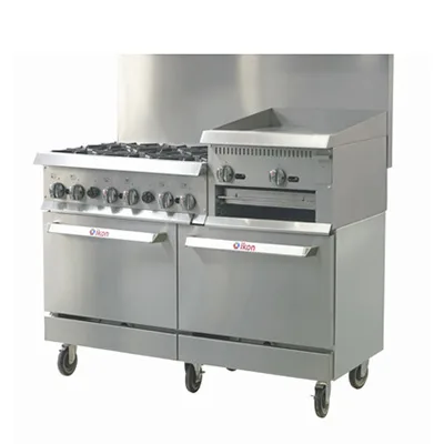 IKON IR-6B-24RG-60 60" Gas Restaurant Range w/ (6) Open Burners, 24" Raised Griddle/Broiler, (2) Static Ovens, 306.000 BTU