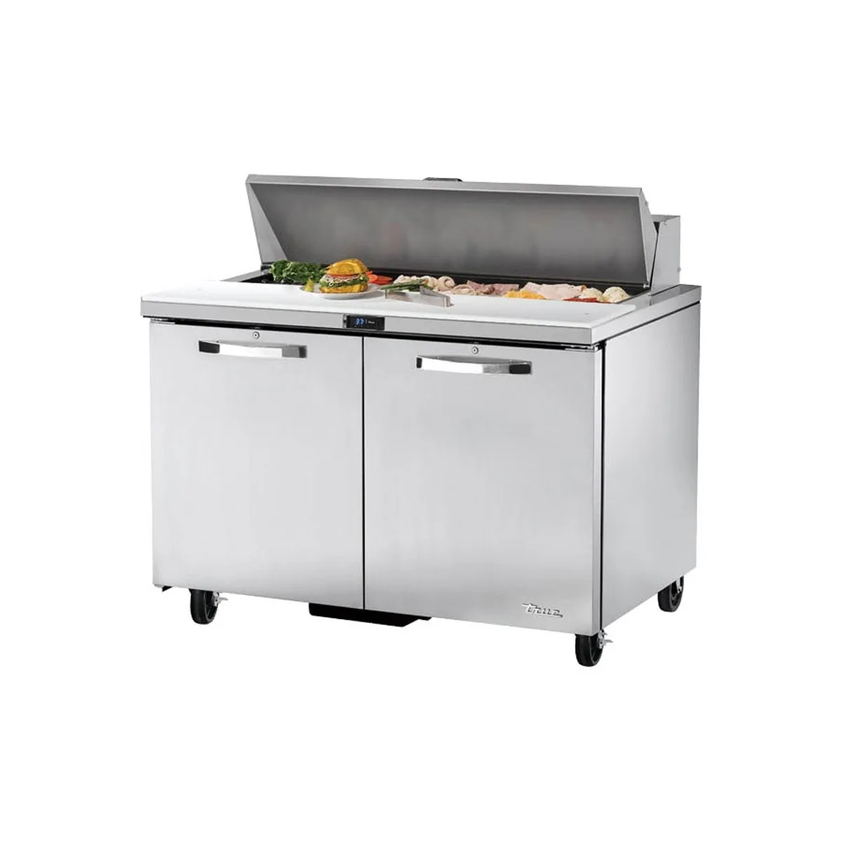 True TSSU-48-12-HC~SPEC3 48" Two Section Sandwich / Salad Prep Table w/ 2 Doors, 12 Pans
