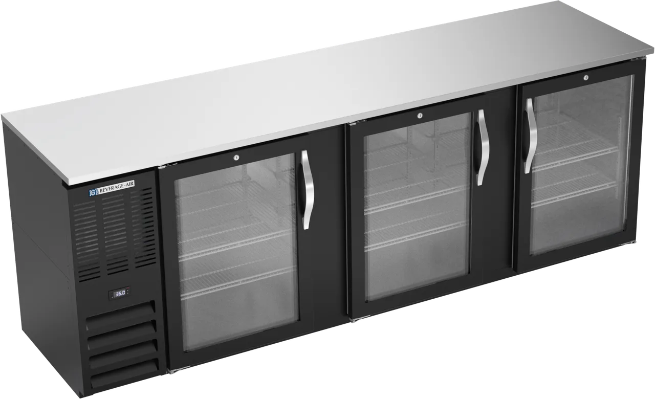 Beverage Air BBN94HC-FG-B Back Bar, 94"×26-3/8"×34" 27 cu ft, 3 Glass Doors, Black R290, 1/3 HP 115V