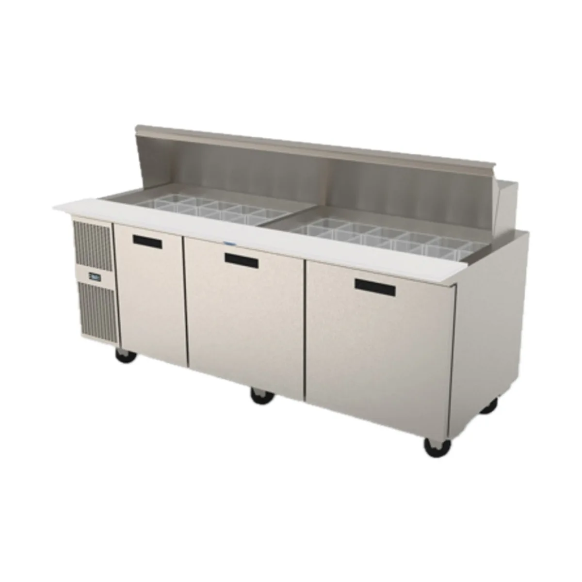 Randell PT84-36W-L 84" 3-Door Mega Top Sandwich and Salad Prep Table, 36 Pans, Stainless Steel