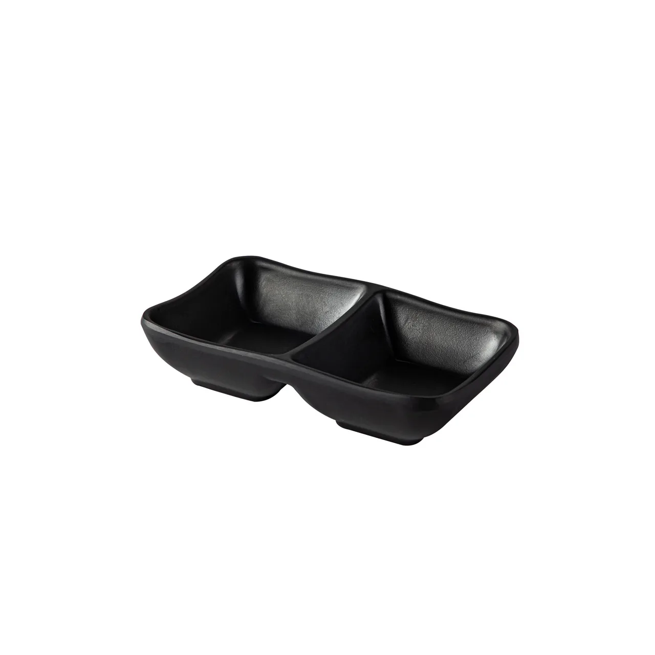 CAC China XCND-2-5MK 3oz Black China Bowl, 5"W x 3-1/4"D x 7/8"H, Rectangle, 2-Compartment - Dozen
