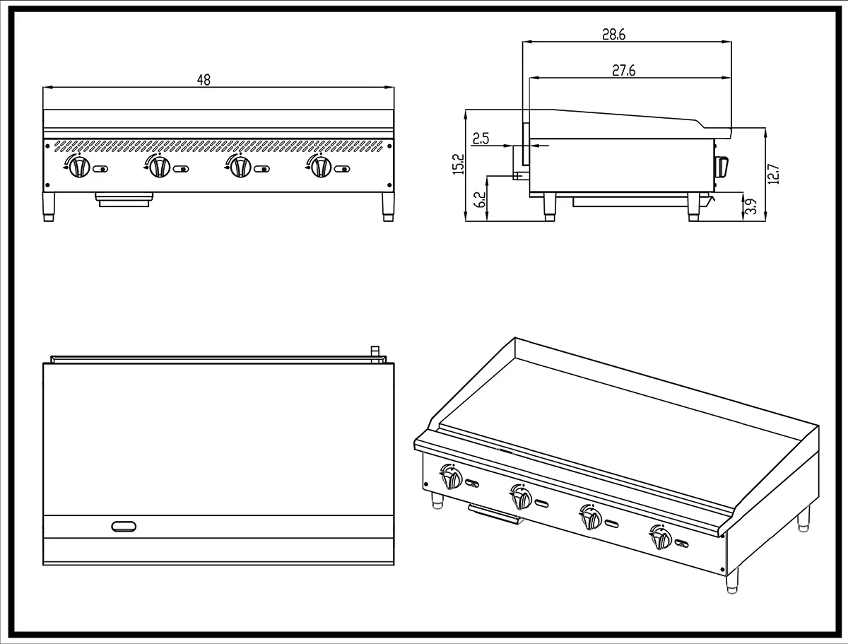 Migali C-G48T 48" Countertop Thermostatic Gas Griddle, 3/4" Smooth Steel Plate, 100.000 BTU