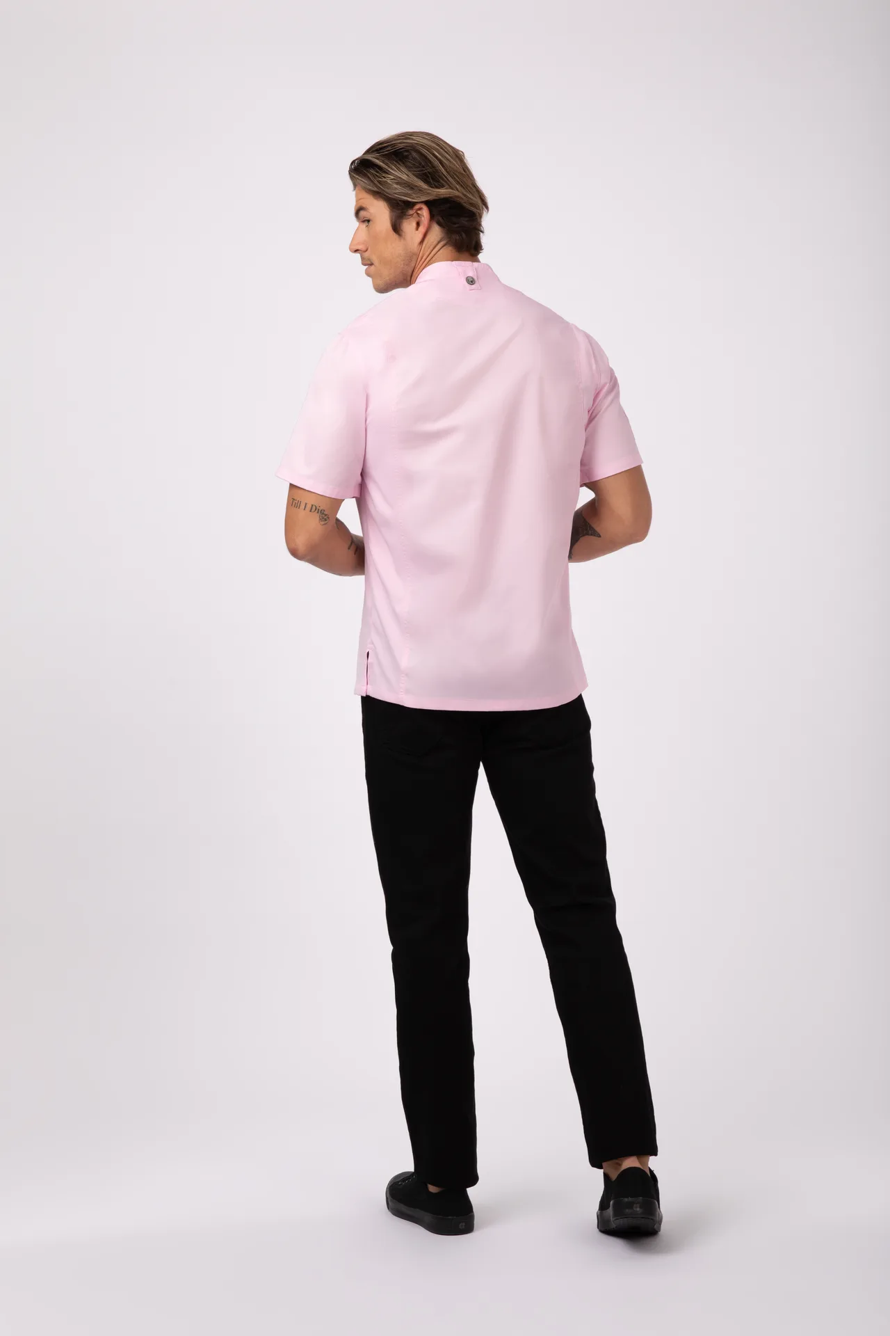 Chef Works BCSZ009-PIN-3XL Chef Coat, 3XL Pink, 65/35 Poly/Cotton Twill, Short Sleeve, Apron Snap