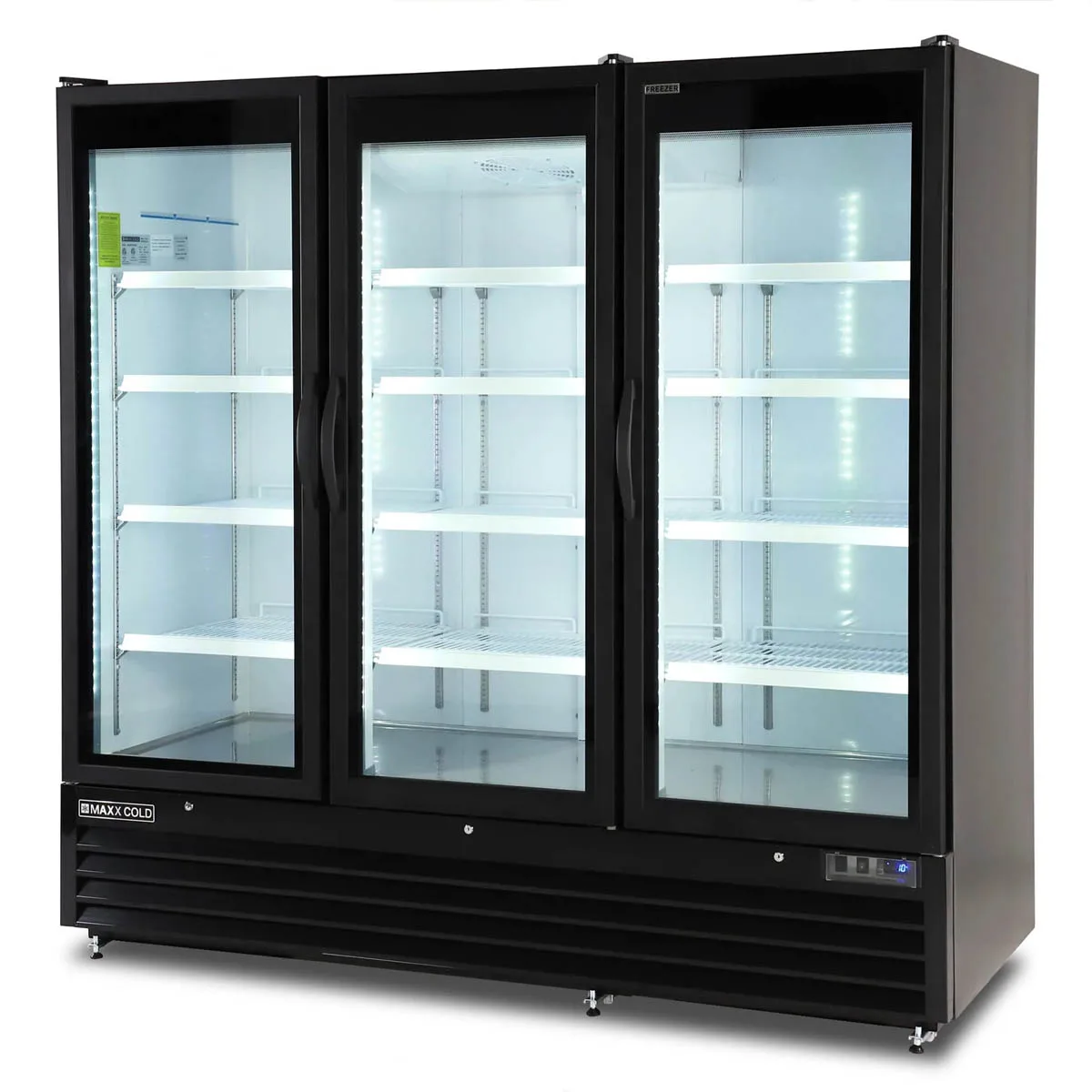Maxx Cold MXGDM-73FBHC 73 cu ft Glass Door Merchandiser, Black, 3‑Section, 1‑1/4 HP Compressor