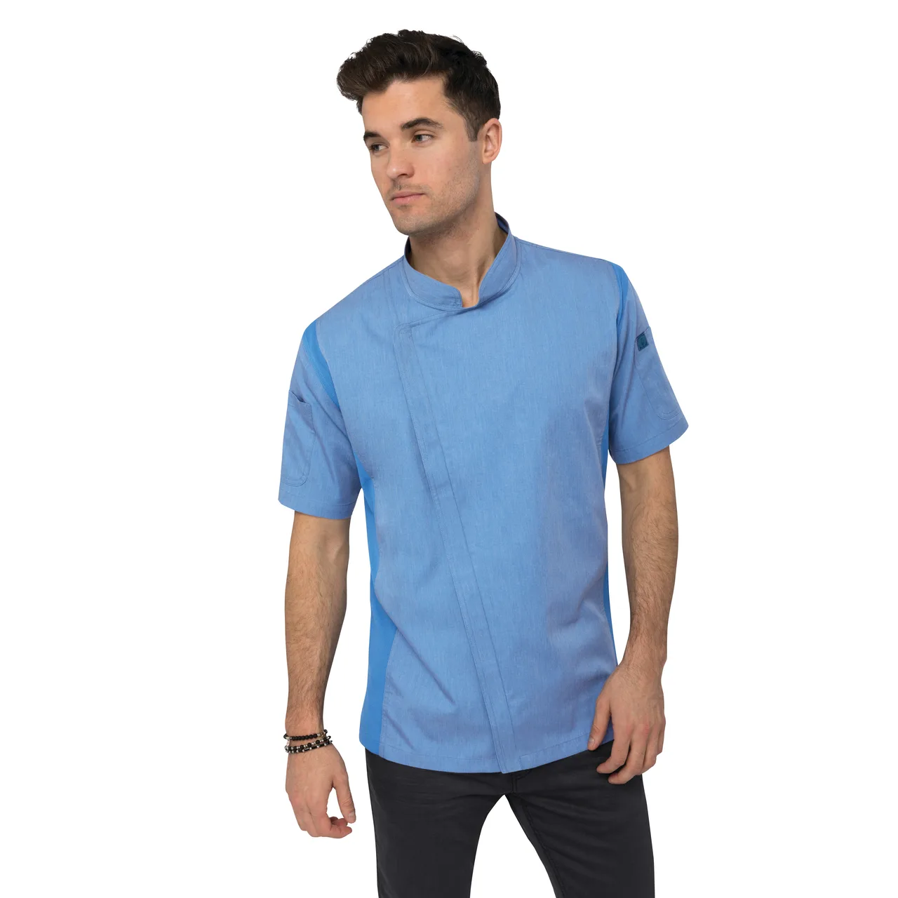 Chef Works BCSZ009-SKY-S Springfield Chef Coat, Sky Blue, Short Sleeve, Cotton Twill, Zipper, Vent™