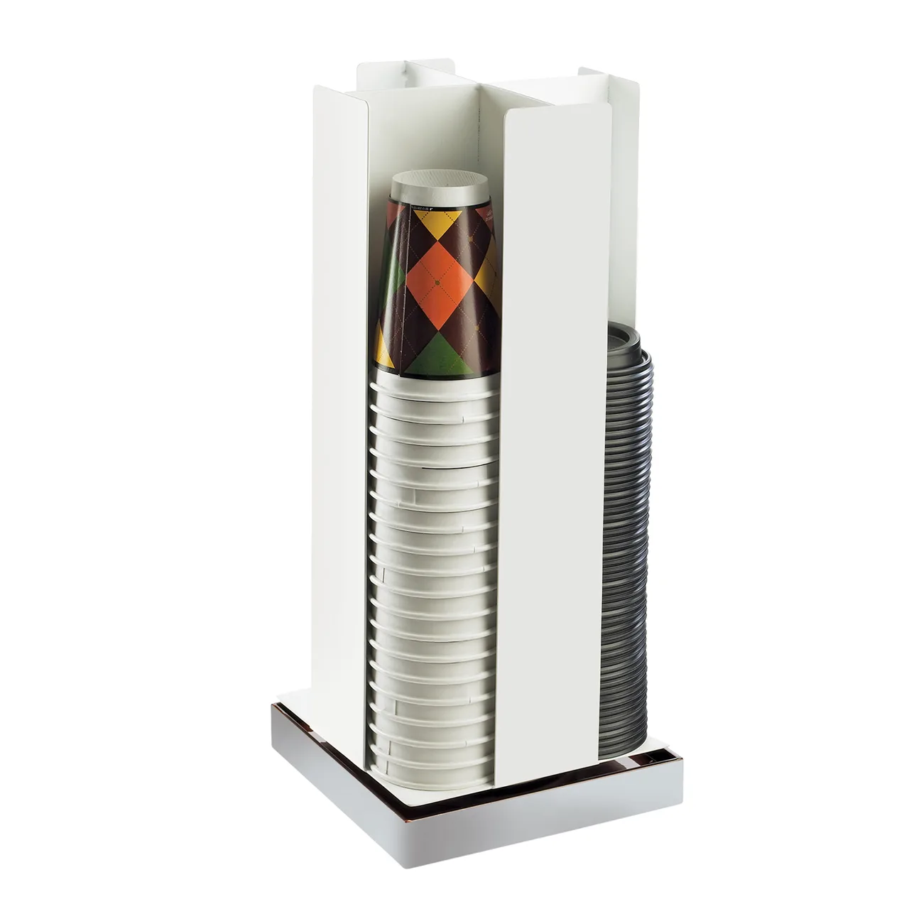 Cal-Mil 3001-55 Cup & Lid Dispenser 4-Sec Revolving 8¼" W x 8¼" D x 19" H White Fits Lids up to 3¾"