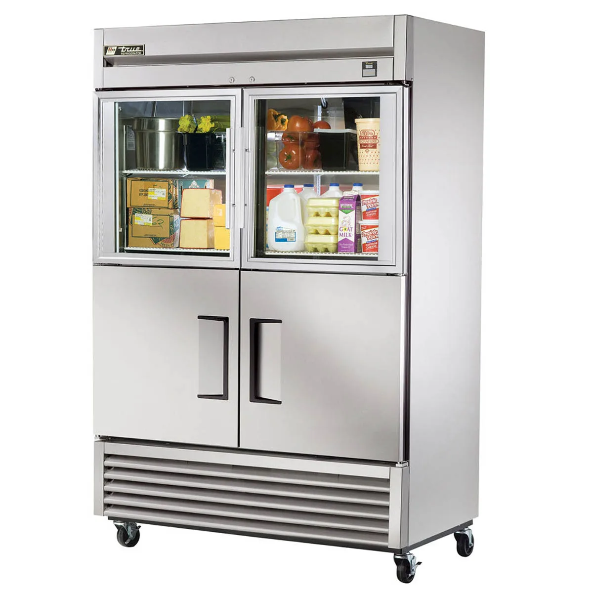 True TS-49-2-G-2-HC~FGD01 54" 2-Section Reach-In Refrigerator w/ 2 Solid & 2 Glass Half Doors, Bottom Mount, Stainless Steel