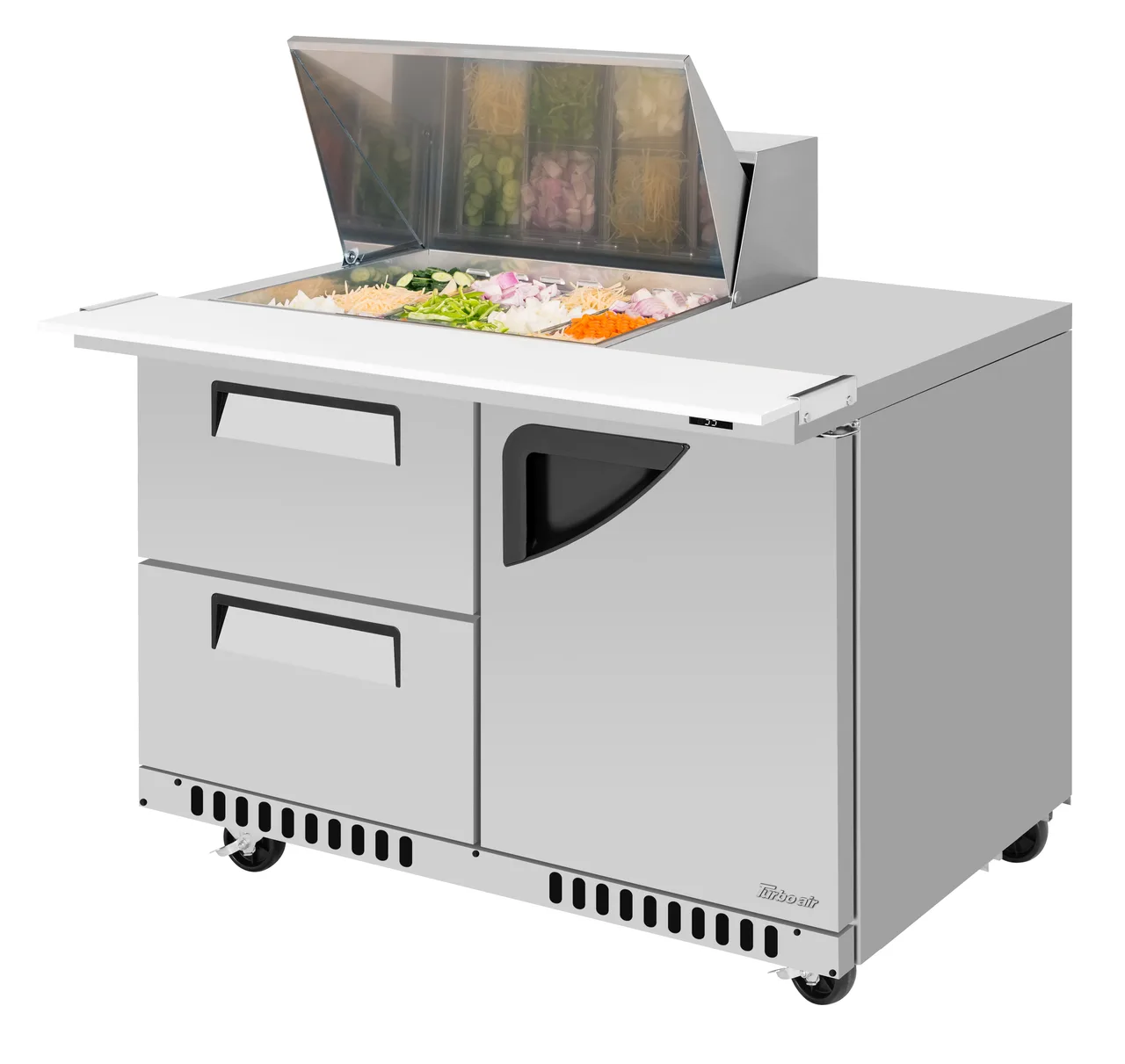 Turbo Air TST-48SD-12M-D2R(L)-FB-N 48" 1-Door & 2-Drawer Mega Top Sandwich and Salad Prep Table, 12 Pans, Stainless Steel