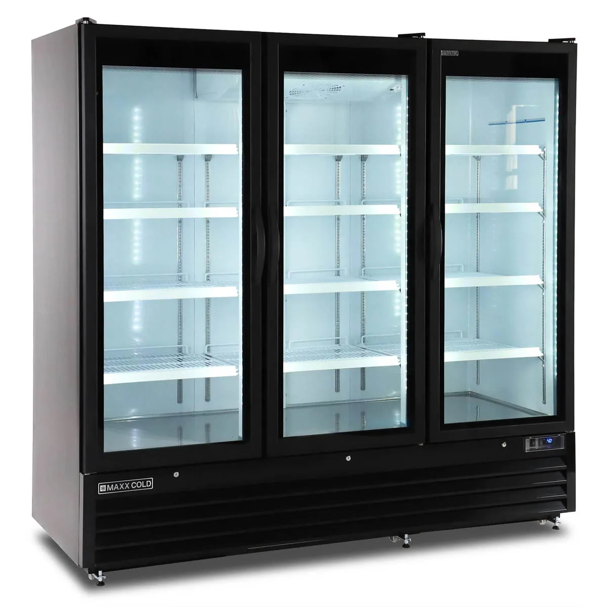 Maxx Cold MXGDM-73RBHC 81" Triple Door Glass Merchandiser, 73 cu ft, 2/3 HP Compressor, Lockable Doors