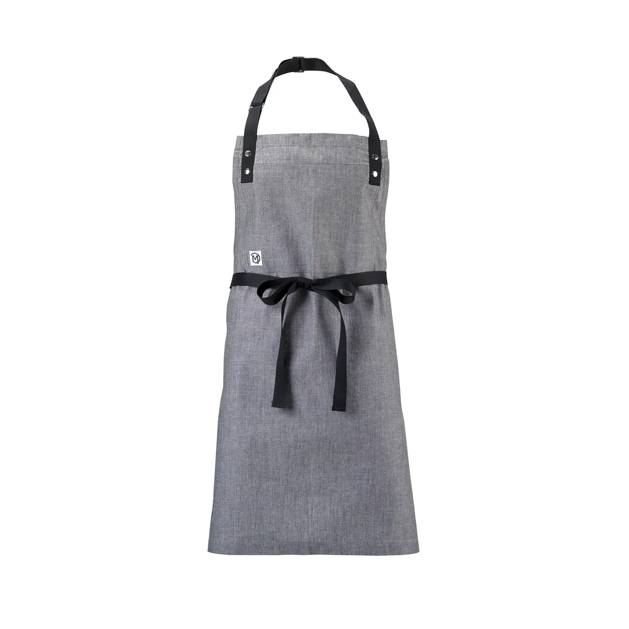 Mercer M63205GRY Bib Apron – 29¼" x 32" 100% cotton chambray, gray, 40" ties, adjustable neck strap, chest pocket