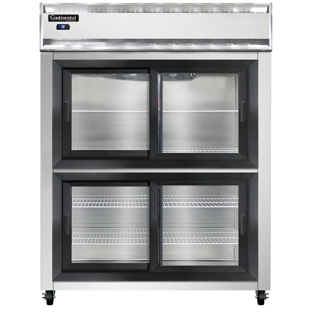 Continental 2RESNSGDHD 57" 2-Section Reach-In Refrigerator w/ 4 Siliding Half Glass Doors, Stainless Steel Front Aluminum Exterior, 40 cu.ft.