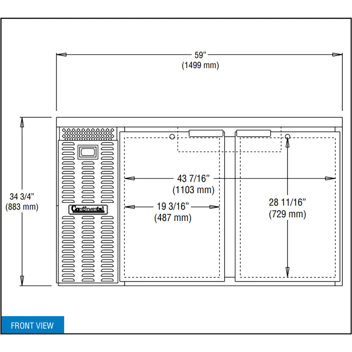Continental Refrigerator BB59N Refrigerated Back Bar Cooler w/ 2 Solid Doors, 22 Cu Ft, 59" W
