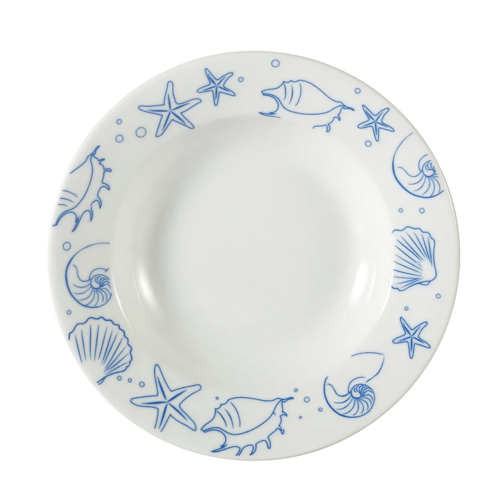 CAC China ATC-3 Atlantic Seashell Soup Plate, 9" Dia, 10 oz, Porcelain, Blue Rim, White - Dozen