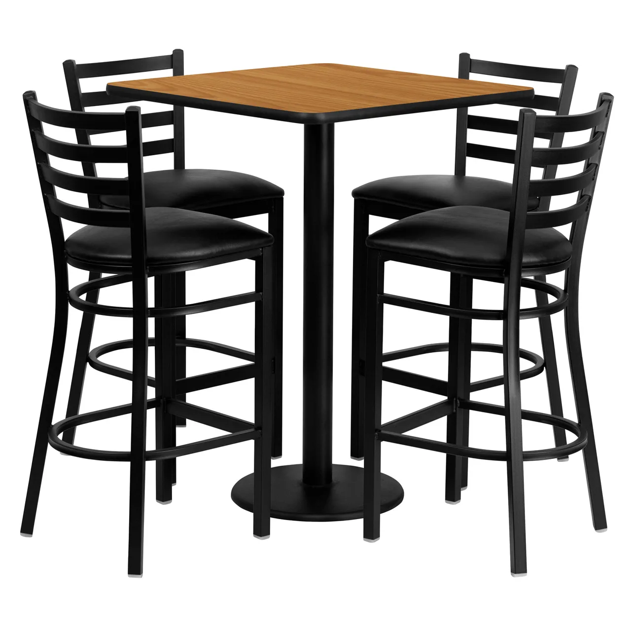 Flash Furniture MD-0012-GG 30x30 42H Square Table & Bar Stool Set, 4 Black Vinyl Stools, Natural Laminate Finish