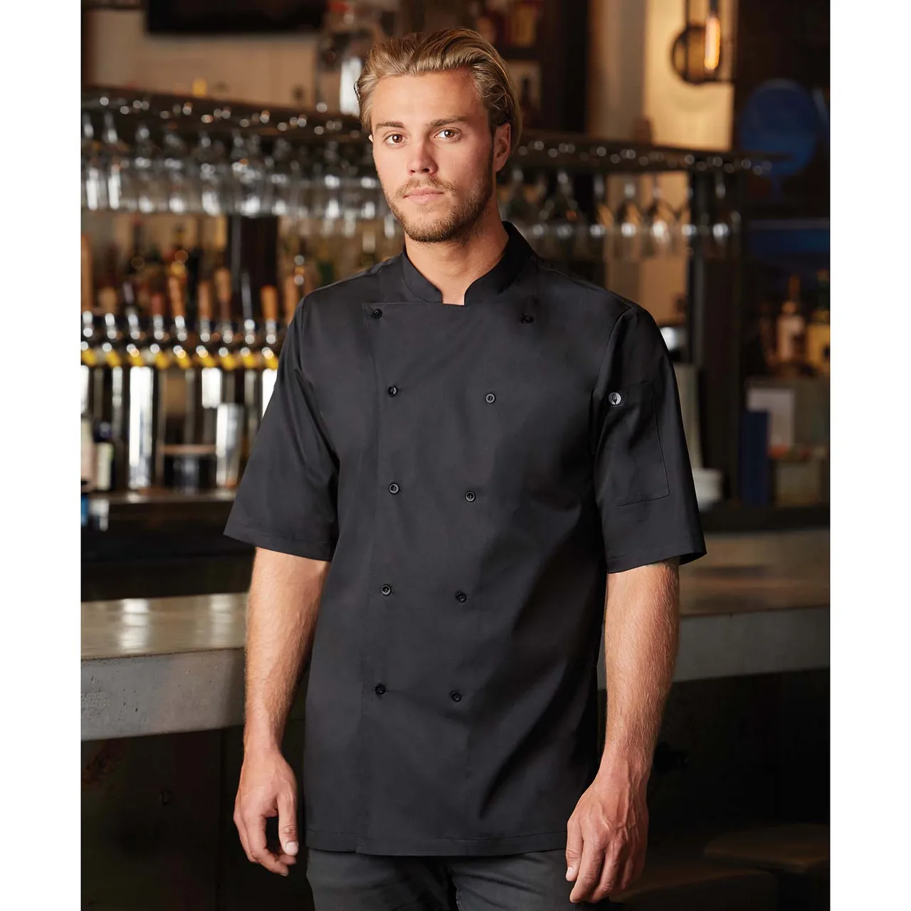 Chef Works K150-BLK-3XL Chef Coat, Black 3XL Double‑Breasted, Tapered Fit, 65/35 Poly‑Cotton Twill
