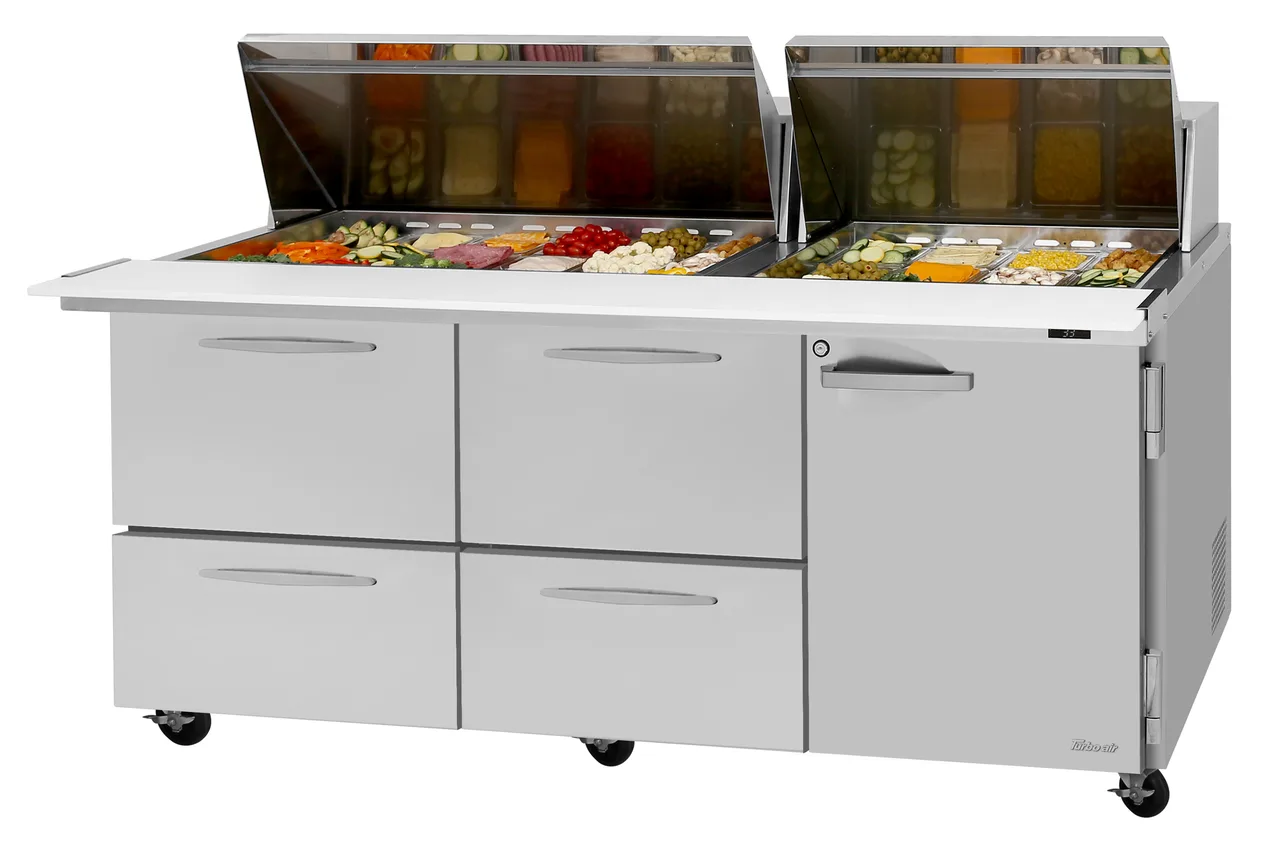 Turbo Air PST-72-30-D4R(L)-N 72" Mega Top Sandwich and Salad Prep Table w/ 1 Door & 4 Drawers, 30 Pans
