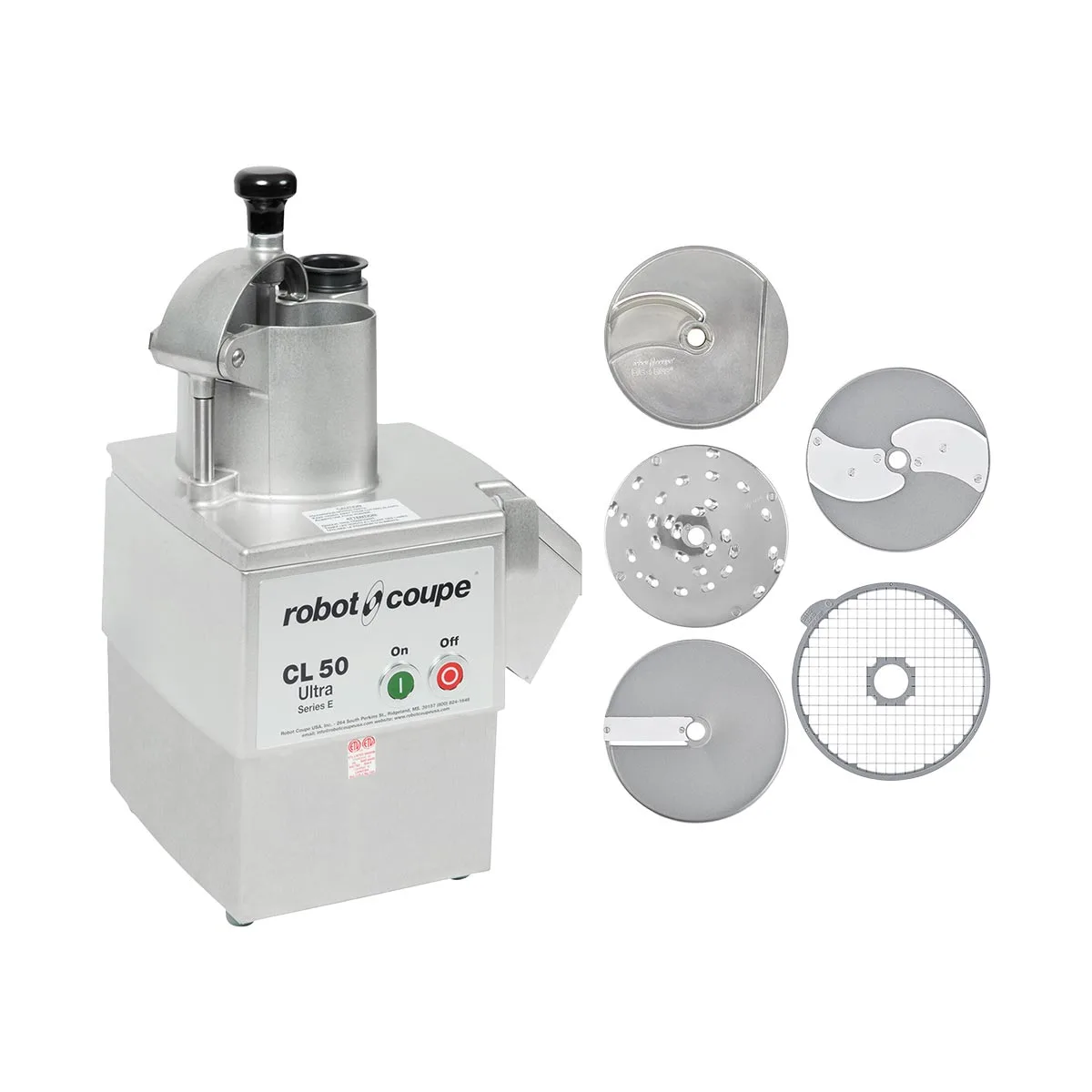 Robot Coupe CL50EULTRA5DISCS 1.5 HP 425 RPM Slicer, 3mm/6mm Slice, 3mm Grate, 10mm Dice, (2 )Hopper, 120V