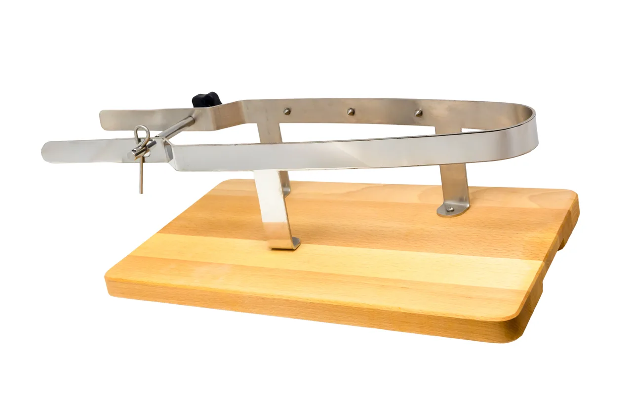 Omcan USA 19192 Prosciutto Holder, 18/8 Stainless Steel, Wooden Base Tabletop Display