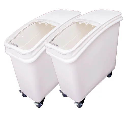 Omcan USA 80985 - 21 Gal White Food Plastic Mobile Bins with Cover, NSF, Casters, Scoops - 2/Set
