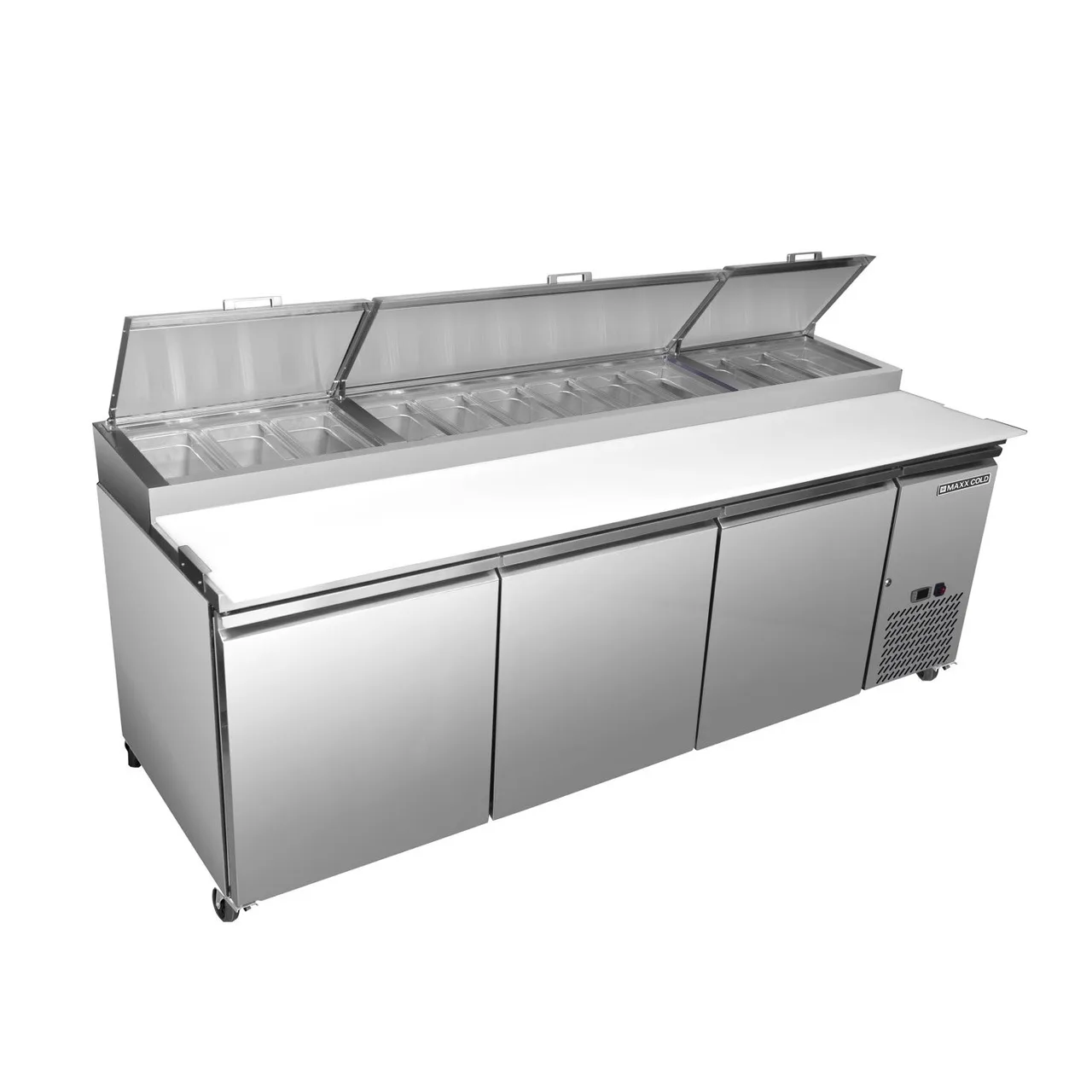 Maxx Cold MXSPP92 94 " Refrigerated Pizza Prep Table w/ 3 Doors, (12) 1/3 or (24) 1/6 size pans