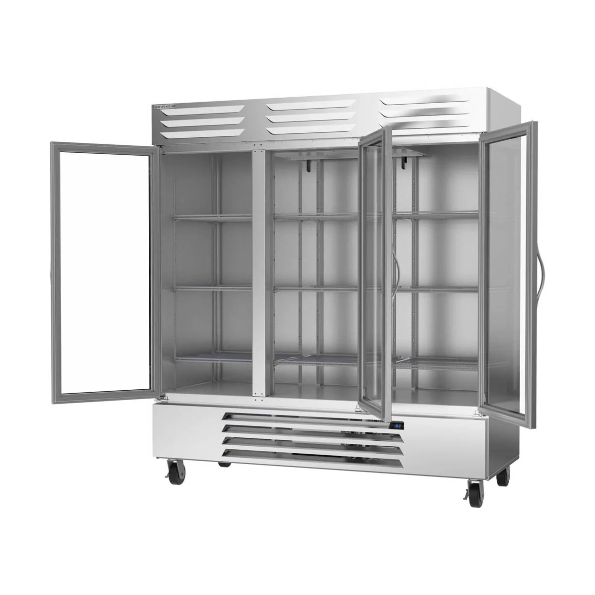 Beverage Air RB72HC-1G 75" Three Reach-In Refrigerator w/ 3 Glass Doors, Bottom Mounted, Aluminum Interior, 69 cu. ft.