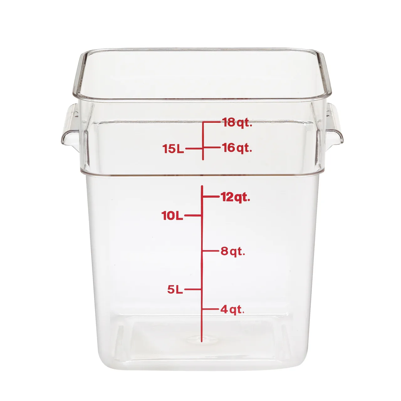 Cambro 18SFSCW135 Camsquare 18‑qt Clear PC, 11.25×12.25×12.63 in, Handles, Red, NSF, Dishwasher‑Safe