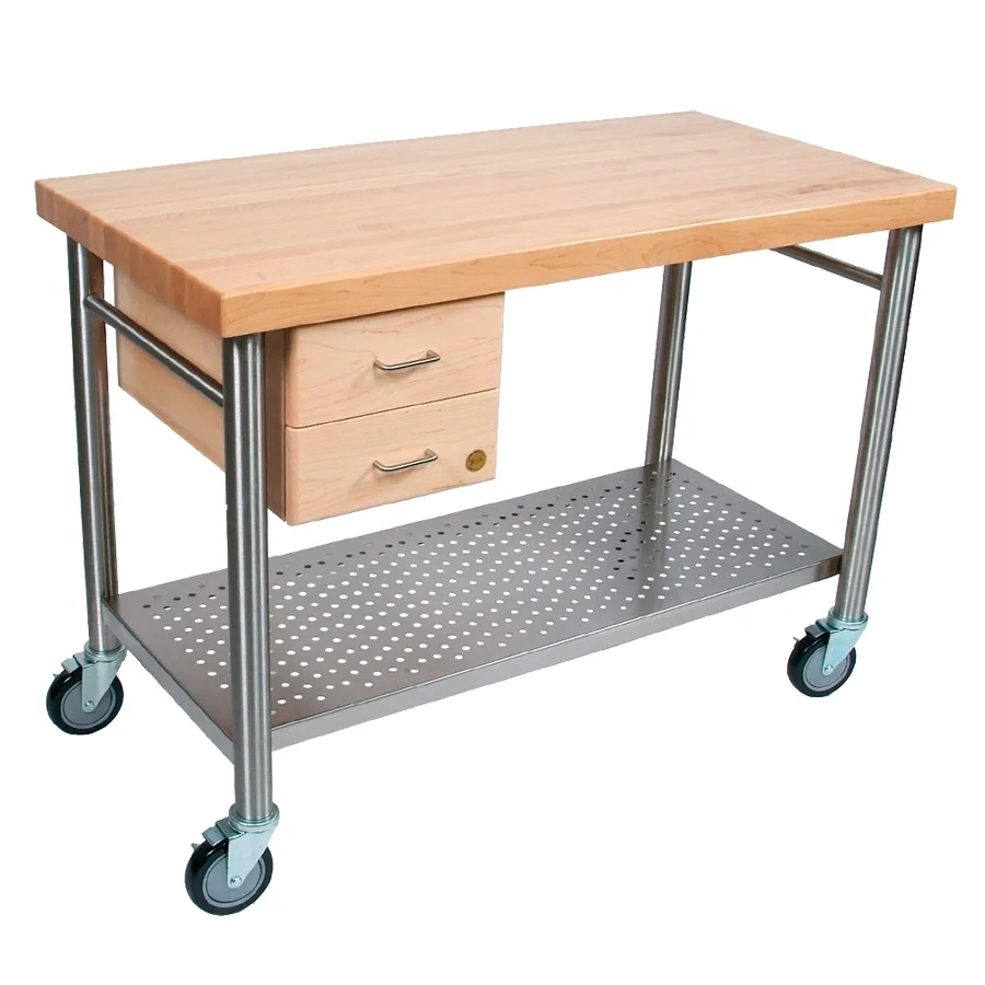 John Boos CUCIC04 48" Maple Work Table, 2-1/4" Thick Edge Grain Top, Varnique Finish, Stainless Steel Undershelf & Drawers