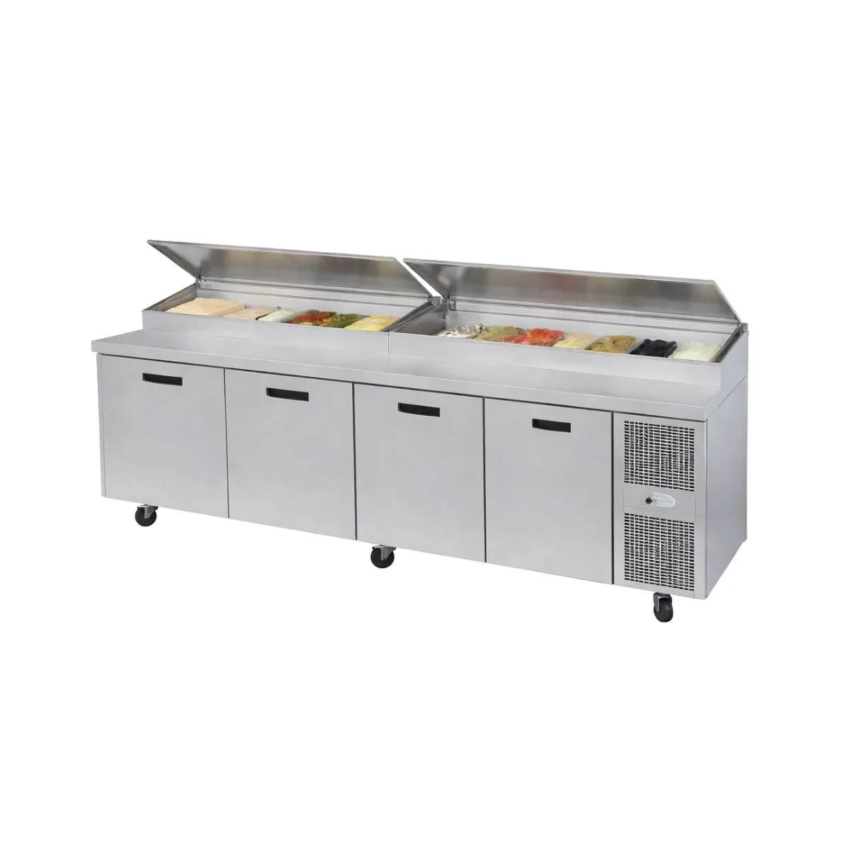Randell 84111N-290 111" 4-Section Refrigerated Pizza Prep Table w/ 4 Doors, 32.81 cu. ft.