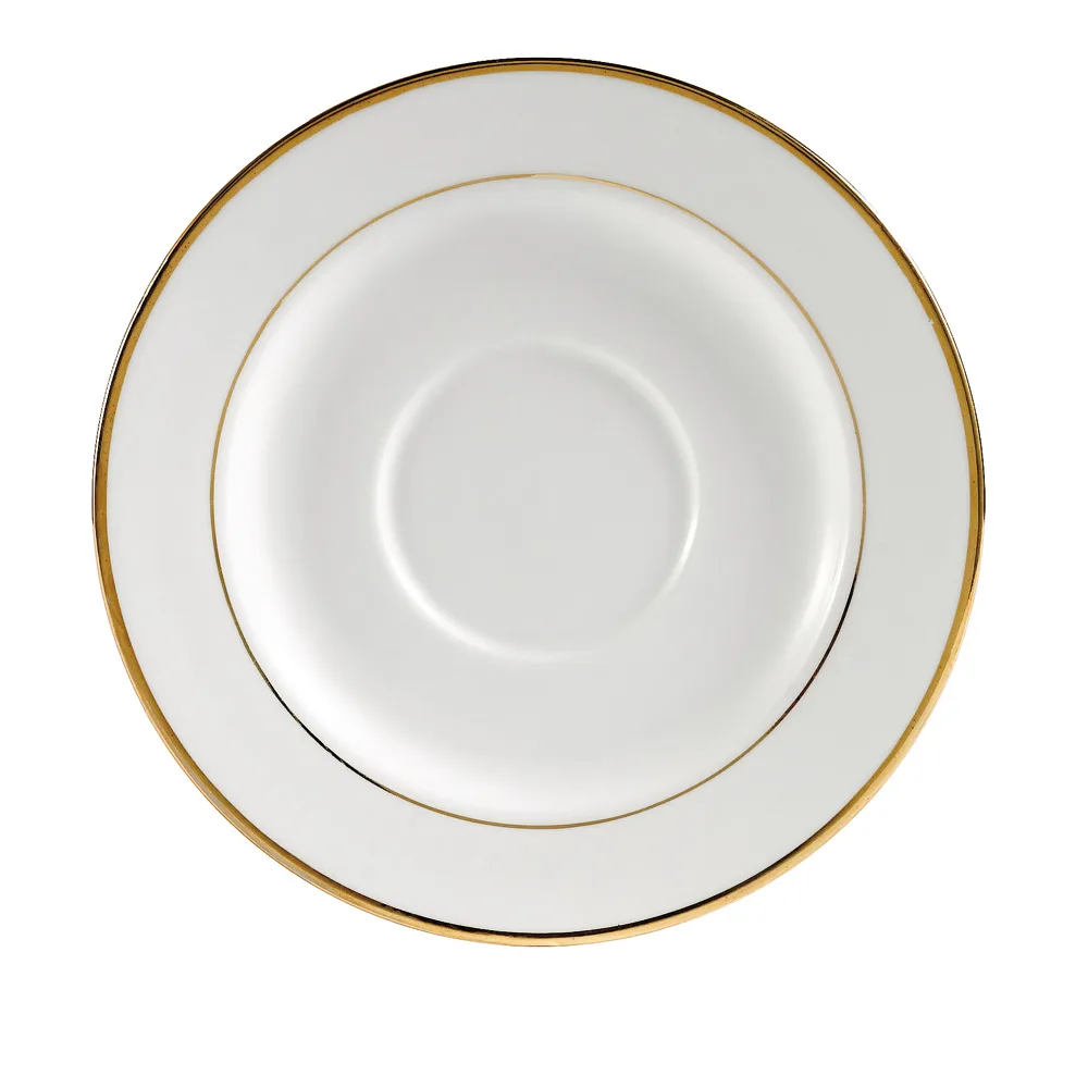 CAC China GRY-2 Round Saucer, 5-3/4" Dia x 3/4" H, Porcelain, Gold Band Super White Finish - 1 Dozen