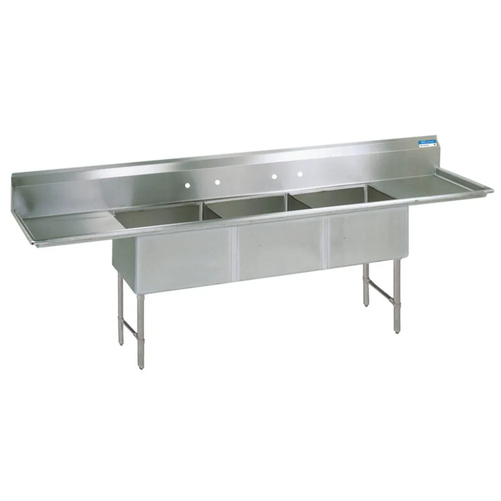 BK Resources BKS6-3-24-14-24TS 123" Three Compartment Sink, 24"W x 24"L Bowl With 2 Drainboards
