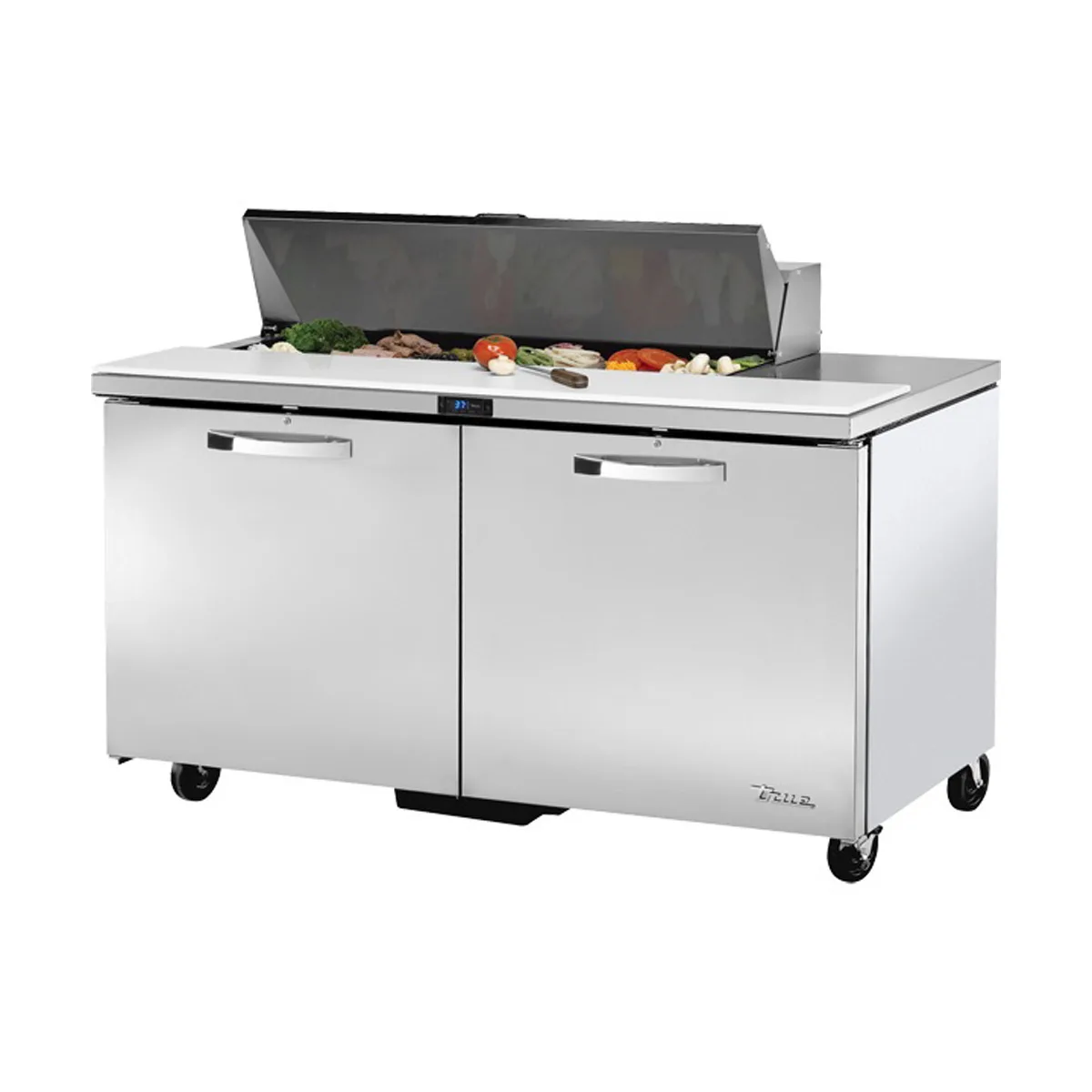 True TSSU-60-12-HC~SPEC3 60" Two Section Sandwich / Salad Prep Table w/ 2 Doors, 12 Pans