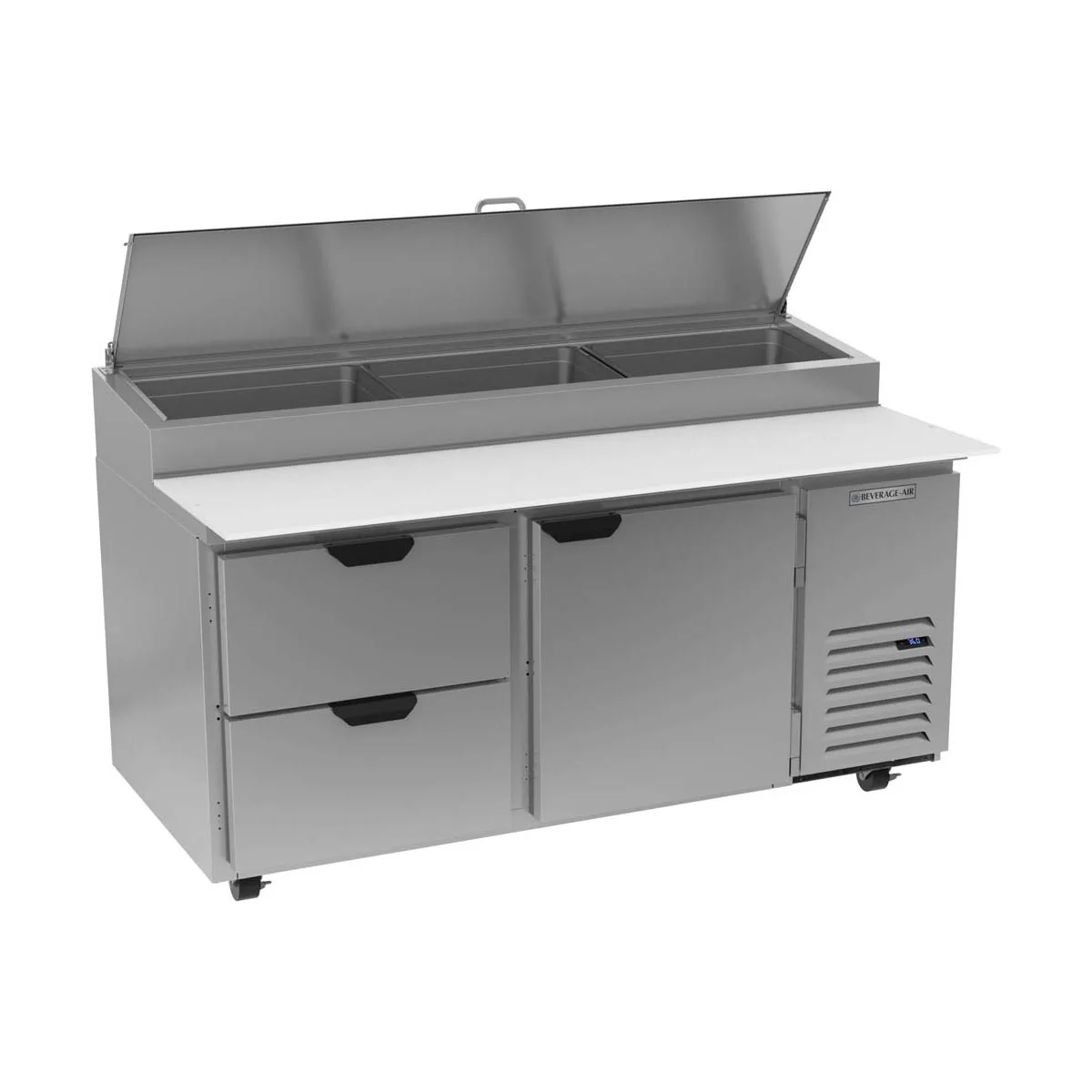 Beverage-Air DPD67HC-2 67" 2-Section Refrigerated Pizza Prep Table w/ 1 Door & 2 Drawers