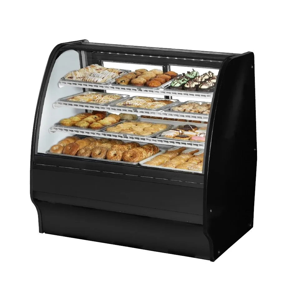 True TGM-DC-48-SC/SC-S-W 48" Curved Glass Solid Colored End Dry Bakery Merchandiser