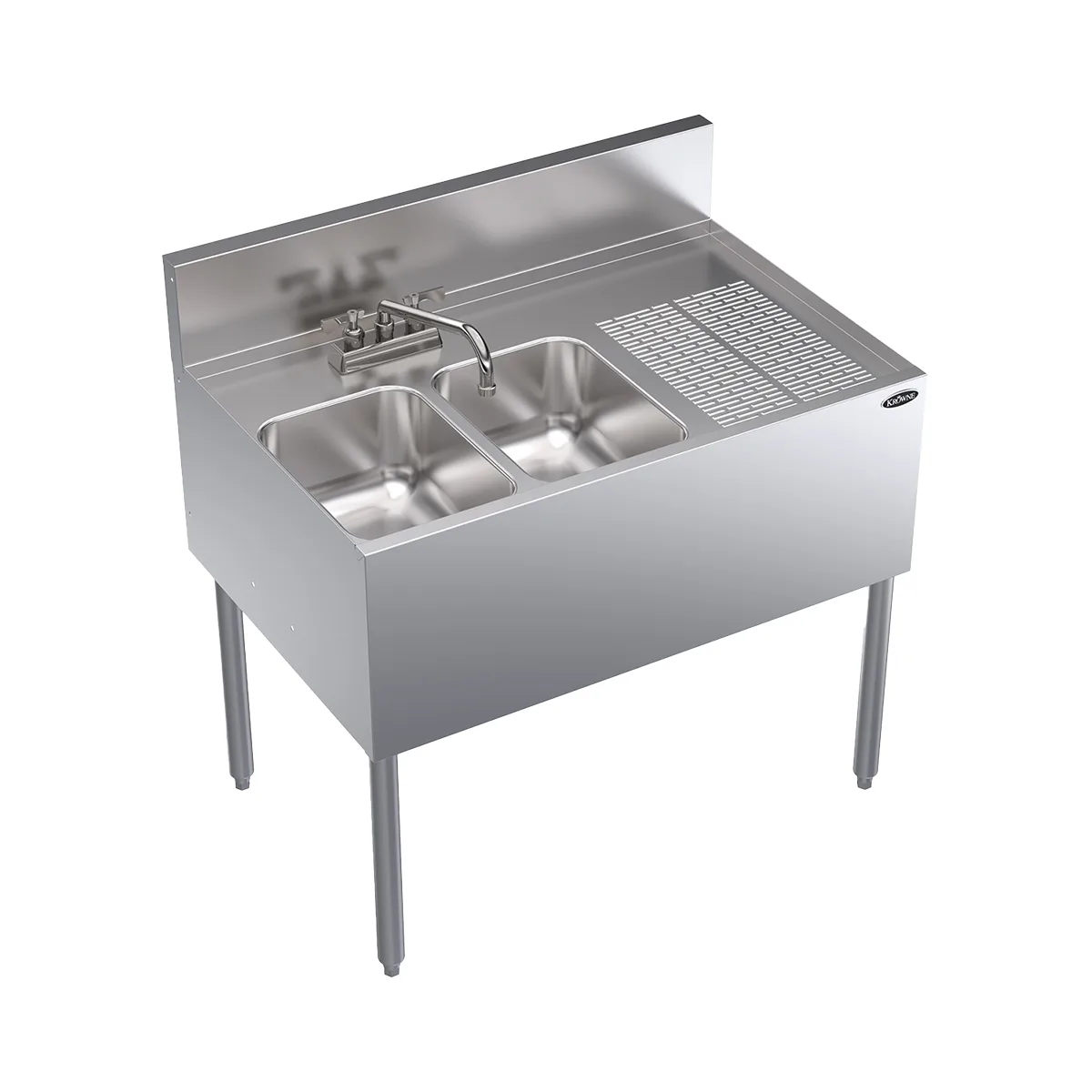Krowne KR24-32L 36" 2 Compartment Underbar Sink w/ 1 Right Drainboard, Deck-Mount Faucet