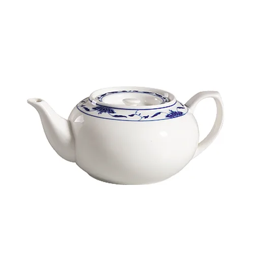 CACChina 103-TPW-2 - Blue Porcelain Teapot, 32 Oz 8"L x 3-1/2"W x 5"H, Blue Lid, Safe - 1 Dozen