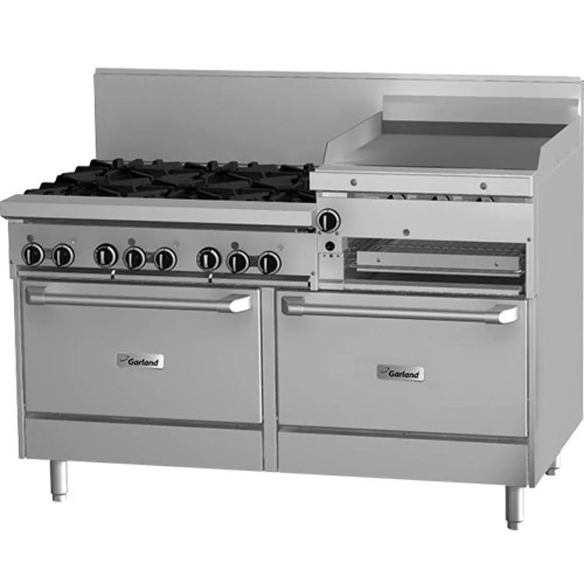 Garland US Range GF60-6R24RS 60" Gas Restaurant Range w/ (6) Open Burners, 24" Raised Griddle/Broiler, (1) Standard Oven, (1) Cabinet Base, 227.000 BTU