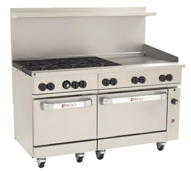 Wolf C60SC-6B24GT 60" Gas Restaurant Range w/ (6) Open Burners, 24" Griddle Right w/ Thermostatic Controls, (1) Standard Oven, (1) Convection Oven, 278.000 BTU