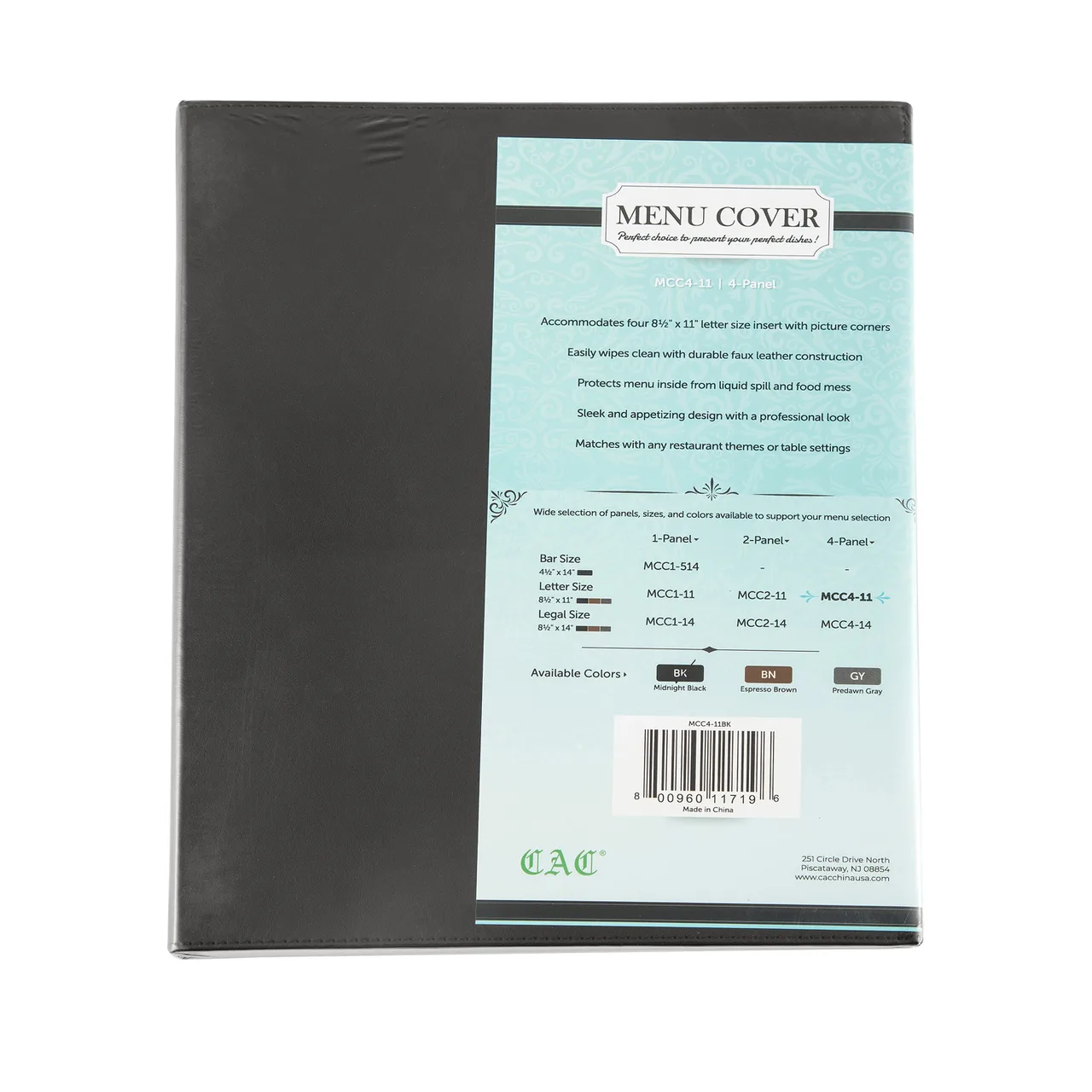 CAC China MCC4-11BK Menu Cover - 4‑Panel Letter Size 8"5 x 11" Faux Leather Black Booklet