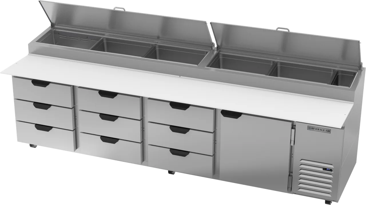 Beverage Air DPD119HC-9 119" 4-Section Refrigerated Pizza Prep Table w/ 9 Drawers & 1 Door