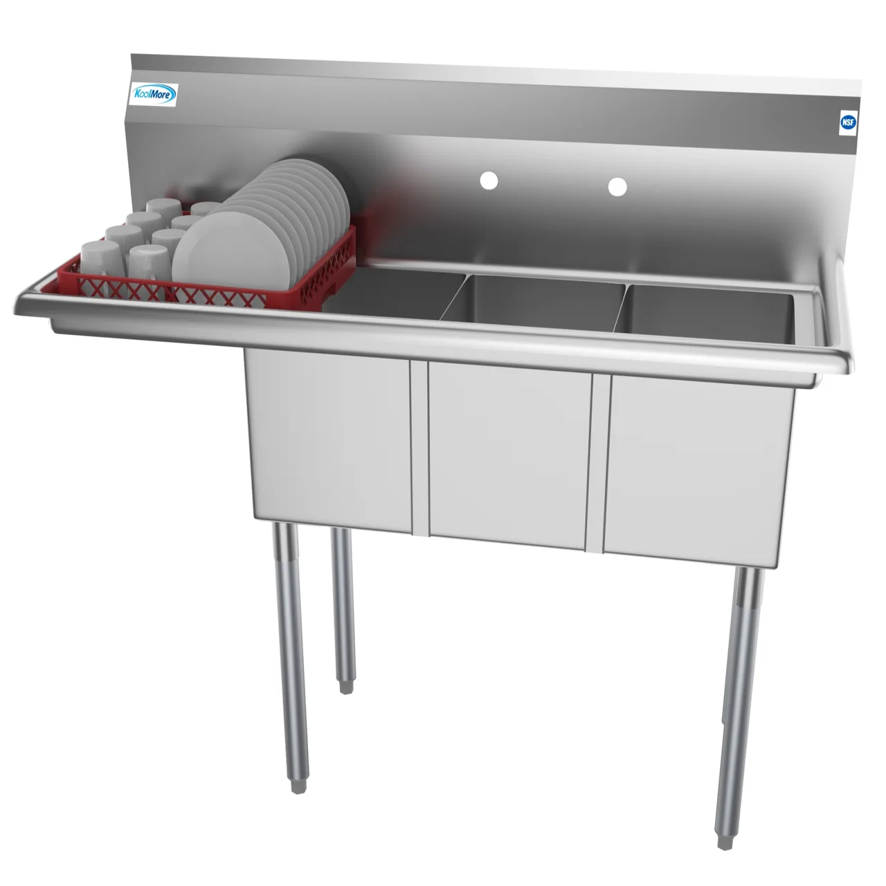 Koolmore SC101410-12L3 45" Three Compartment Sink, 10"W x 14"L Bowl With Left-Hand Drainboard