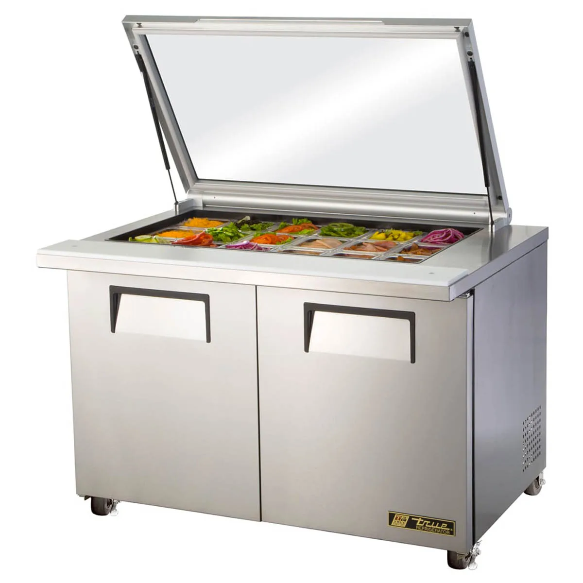 True TSSU-48-18M-B-FGLID-HC 48" Mega Top Sandwich/Salad Prep Table w/ 2 Doors 18 Pans
