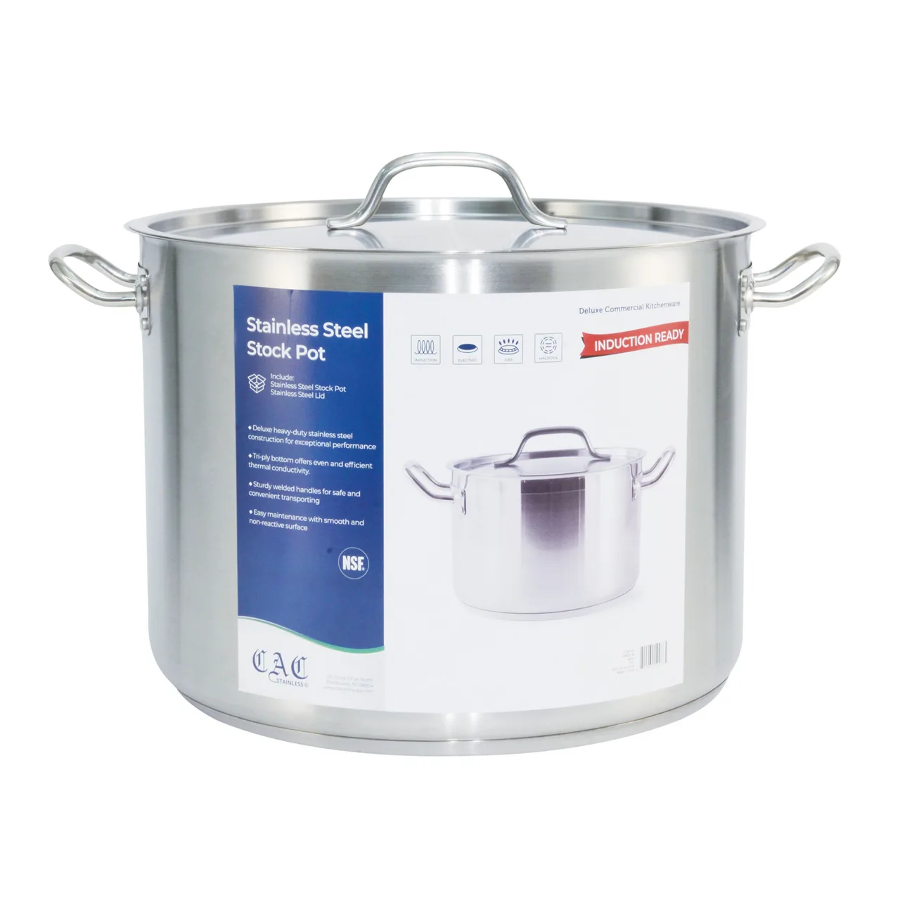 CAC China STKP-40 - 40-Qt Stainless Stock Pot, Induction Ready, 15-3/4" x 11-3/4", Lid, Set