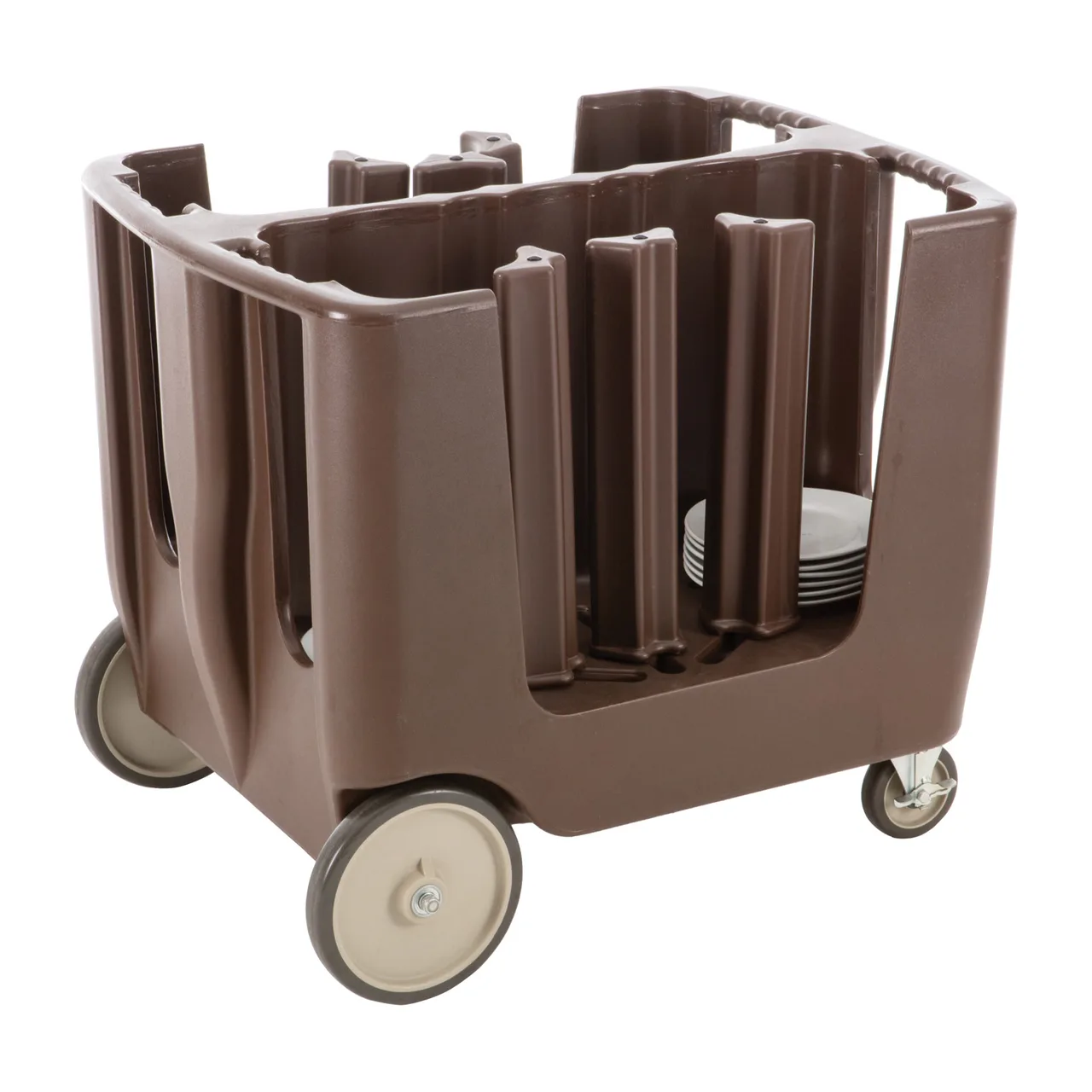 CAC China BTDC-6S Dish Caddy, 36\"L x 28\"W x 31\"H, Dark Brown, 6 Div Holds 300 Plates, Front & Rear Casters-Set