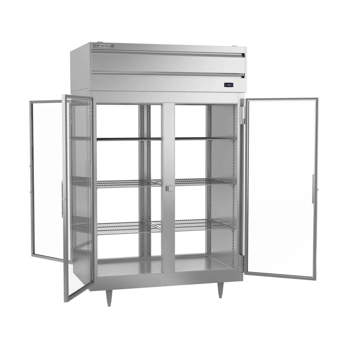 Beverage Air PRD2HC-1BG 52" 2-Section Pass-Thru Refrigerator w/ 4 Glass Full Doors, Top Mounted, 48.3 cu. ft.